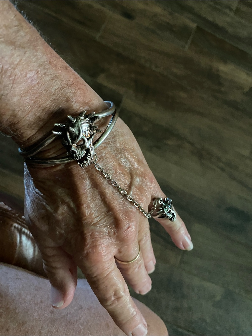 Silver Skull Chain Bracelet with Connected Skull Ring - Men's Silver Accessory